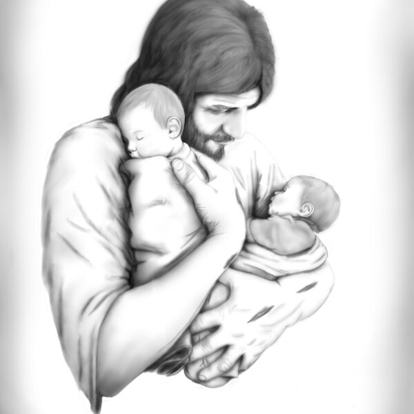 Christ holding two Infants representing Christ hold children after miscarriages
