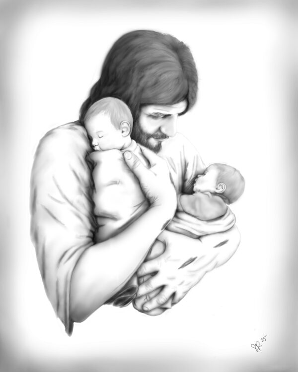Christ holding two Infants representing Christ hold children after miscarriages